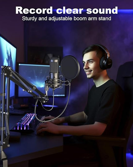 Aokeo USB Condenser Microphone, 192kHZ/24bit Professional PC Streaming Podcast Cardioid Microphone Kit with Boom Arm, Shock Mount, Pop Filter, for Recording, Gaming, YouTube,Meeting, Discord