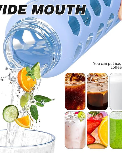 MUKOKO Glass Water Bottles,24oz Glass Tumbler with Straw,Drinking Bottles with 2 Lids-Handle Spout Lid&Bamboo Straw Lid,Motivational Water Bottle with Time Marker and Silicone Sleeve,1 Pack-Glacier