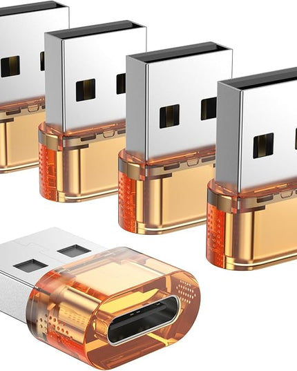 USB to USB-C Adapter 5 Pack, USB C Female to USB Male Power Charger Converter, USBC to A Adapter Compatible for Apple Watch Series/SE/Ultra 2 iPhone17/16/15 Plus Pro Max AirPods Pro（Orange）