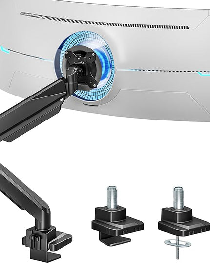 ARES WING Ultrawide Monitor Arm, Heavy Duty Single Monitor Mount for 13"-49" Curved Screens, Adjustable Stand for Desk with C-clamp & Grommet Base up to 40 LBS, Black