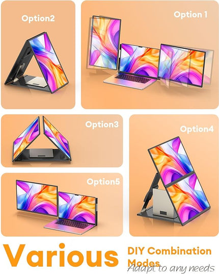 NGTeco 16" Laptop Triple Screen Extender, 1200P IPS Portable Monitor for Laptops 13-17", with Type-C/HDMI/USB-A, Plug & Play, Compatible with Windows/Mac/Chrome OS
