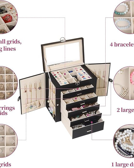 BOOVO Jewelry Box For women, 6 Layer Large Jewelry Organizer With Mirror, Multi-Function Storage Box With Lock, Accessory Holder With 5 Drawers, For Earrings Necklace Ring Bracelet (Black)