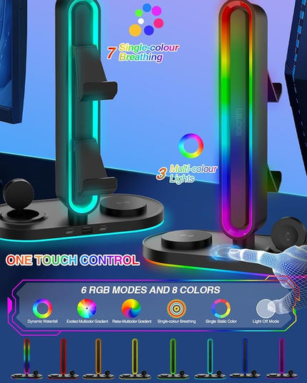 RGB Headset Stand with Wireless Charger, 8-in-1 Charging Station for iPhone, Samsung, Apple Watch Type-C/USB Ports, Gaming Headphone & Controllers Holder, Organizer for Desk Includes 20W PD Adapter
