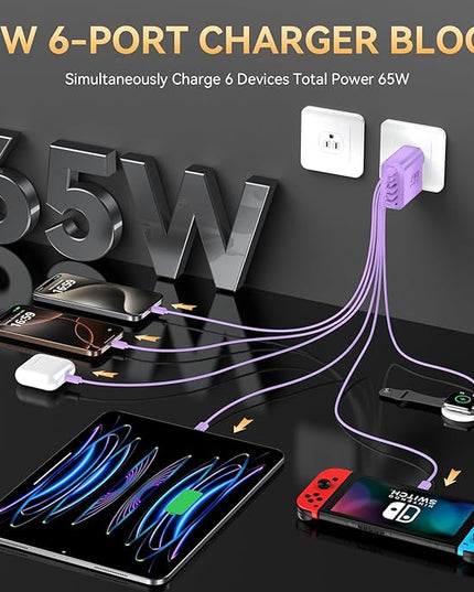 USB C Fast Charger Block, iPhone Charger Fast Charging Blocks 65W Multi Port Charger 6-Ports PD & QC Charging Cube Brick Power Adapter Type C Wall Chargers for iPhone 17/16/15/14/13/12 Pro Max, iPad