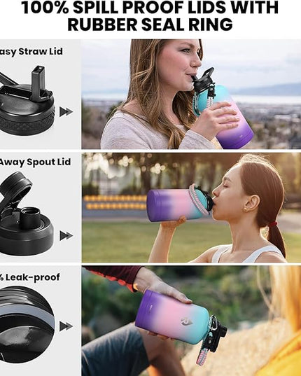Insulated Water Bottle 64 oz, Triple Wall Vacuum Stainless Steel (Cold for 48 Hrs), Leak Proof & Non-BPA, Half Gallon Water Flask Jug with Paracord Handle & Straw Spout Lids, Hydrangea