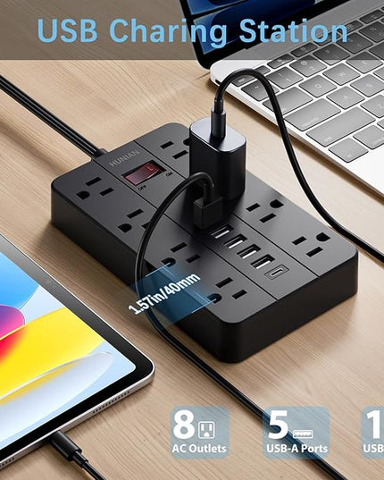15 Ft Long Extension Cord Power Strip Surge Protector, HUNIAN Flat Plug with 8 Widely Spaced Outlets 6 USB, Wall Mount Charging Station for Home and Office, Black