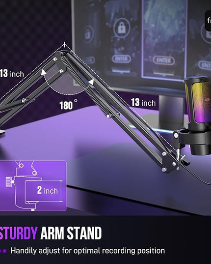 FIFINE USB Gaming Microphone Kit, PC Streaming Mic with RGB Lights, Mute, Gain Knob, Metal Boom Arm for Recording Podcast, Condenser Computer Microphone Set Compatible with PS4/PS5-AmpliGame A8T