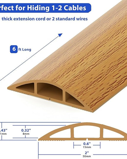 Floor Cord Cover 6ft, Yellow Oak Wood Wire Hider Floor Hide Extension Cords, PVC Cable Management Cover, Cable Protector, Cord Cavity W0.6in x H0.32in