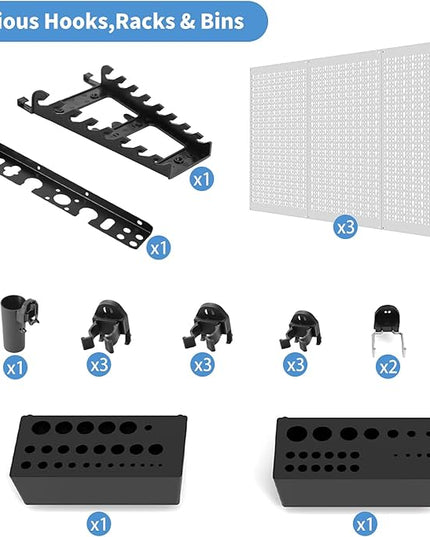 Ultrawall Peboard Storage Organizer, 48x36 inch Pegboard Wall Organizer, Metal Garage Peg Board with Toolboard, Utility Hooks, Overhead Shelf, 105pcs