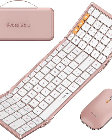 ProtoArc Foldable Keyboard and Mouse, XKM01 True Full-Size Folding Wireless Keyboard Mouse Combo for Business Travel, a Portable Office Suite On-The-Go, Compatible with Laptop iPad Tablet - Pink