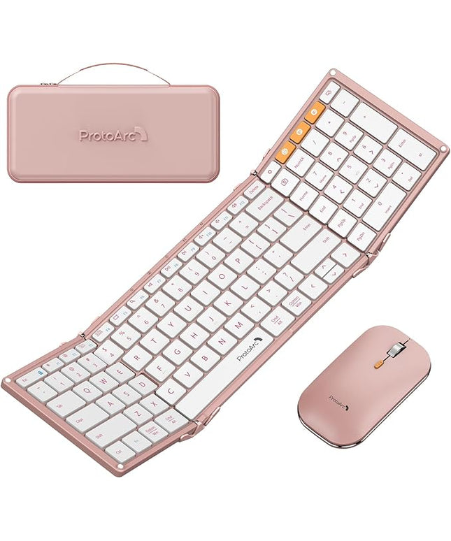 ProtoArc Foldable Keyboard and Mouse, XKM01 True Full-Size Folding Wireless Keyboard Mouse Combo for Business Travel, a Portable Office Suite On-The-Go, Compatible with Laptop iPad Tablet - Pink