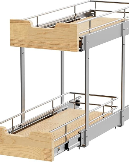 Sikarou Pull Out Cabinet Organizer,Heavy-Duty Slide Out Shelf, Wood and Wire Basket, Pull Out Drawer for for Kitchen Under Sink Space, Pantry, Bathroom, 2 Tie 9 * 21 in