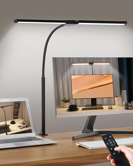 Led Desk Lamp for Home Office, Eye-Care Architect Light with Clamp, Smart Double Head Computer Monitor Table Clip Lamp, Adjustable Flexible Goose-Neck, 25 Lighting Models, Task Lamp, Black