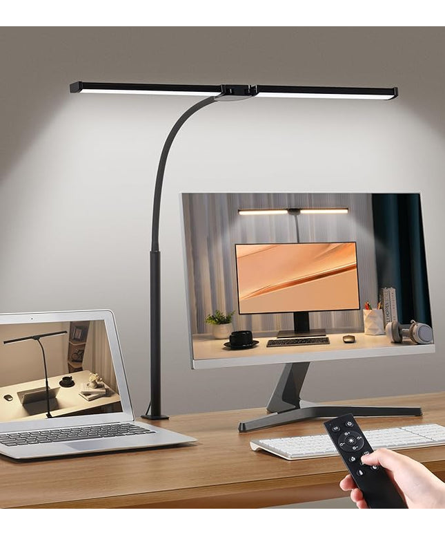 Led Desk Lamp for Home Office, Eye-Care Architect Light with Clamp, Smart Double Head Computer Monitor Table Clip Lamp, Adjustable Flexible Goose-Neck, 25 Lighting Models, Task Lamp, Black