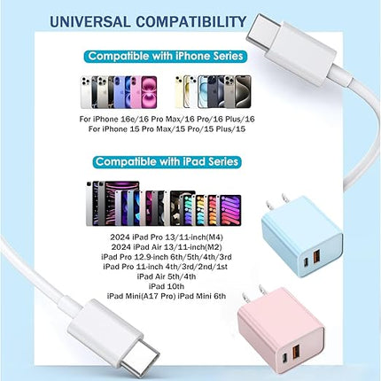 10FT iPhone 17/16e Fast Charger,2Pack 20W Dual Port USB A+C QC Apple Adapter with 10 Foot USB C to C Fast Charging Cable Cord for iPhone 17Air/17Pro/17Pro Max/16/16Pro/15/15Pro/Pro Max/Plus(Blue/Pink)