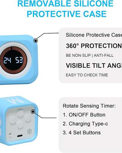 FCXJTU Rotating Pomodoro Cube Visual Timer 5, 25, 10 50 Minutes Preset, Rechargeable Desk Productivity Flip Timer w/Silicone Cover Custom Countdown, Silent Mode for ADHD, Study, Work, School(Blue)