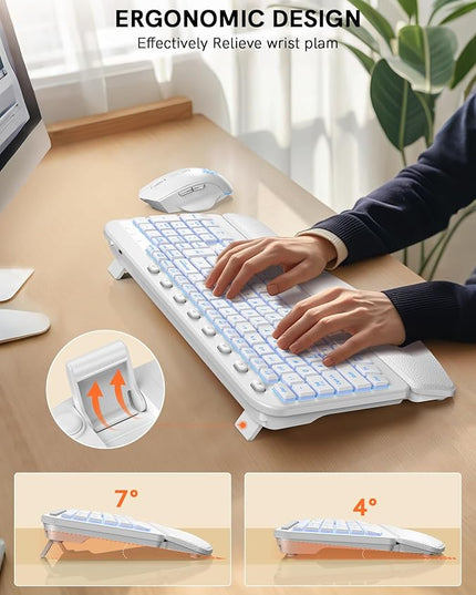 SABLUTE Ergonomic Wireless Keyboard and Mouse Combo - Wave Keyboard with Soft Leather Wrist Rest, Resistant Keys, RGB Backlit Rechargeable Set for PC/Mac/Chromebook (White)