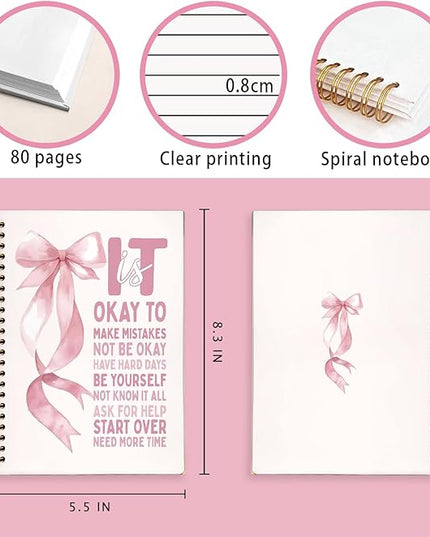 Preppy Bow Mental Health Notebook, It Is Okay to Inspirational Notebooks for Note Taking, Mental Health Journal for Women, Positive Affirmation Journals for Writing, 5.5x8.3 Inch