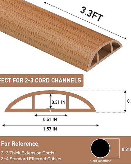 Floor Cord Cover Self Adhesive Cord Hider Floor Extension Cord Covers for Floor Power Cord Protector Cable Management Prevent Cable Trips Cable Cavity 0.51" W x 0.31" H (Light Brown Wood, 3.3Ft)