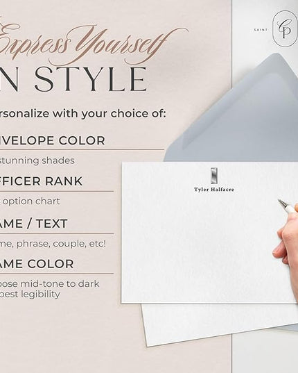 Curio Press Personalized Stationery for Women & Men - A2 Army Flat Thank You Cards with Custom Notecards, Personalized Note Cards with Envelopes and Name, Custom Stationery - Military Officer Flat