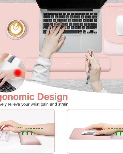 MOSISO Keyboard Mouse Pad Set, Large Gaming Mouse Pad&Rectangular Keyboard Wrist Rest&Mousepad with Wrist Rest&Coaster, Ergonomic Non-Slip&Easy Typing Pad with Curved Silicone Lining, Baby Pink