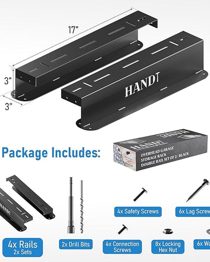 HANDT Overhead Garage Storage Rack, Connectable Heavy Duty Metal Ceiling Rails For Garage Storage Organization Shelving System, Hanging Racks For Tote Containers, Supports Up To 3 Bins, 2 Sets Black