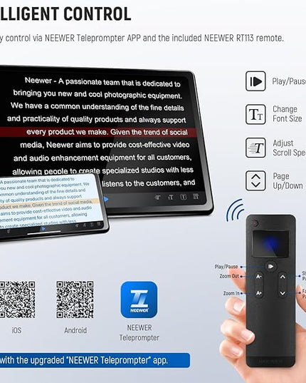 NEEWER Teleprompter X17 II with RT113 Remote/APP Control, 17" HD Beamsplitter All Metal Frame Upgraded Camera Mount QR Plate Compatible with Manfrotto 501PL iPad iPhone, Max Load 44.1Ib, Assembly Free