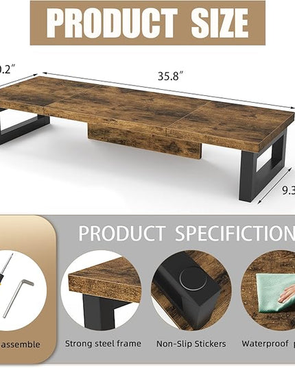 WESTREE Dual Monitor Stand Riser, Wood and Steel Monitor Stand Riser, Computer Monitor Stand for 2 Monitors, Multi-Purpose Desktop Storage Stand for Computer,Laptop,Printer,TV