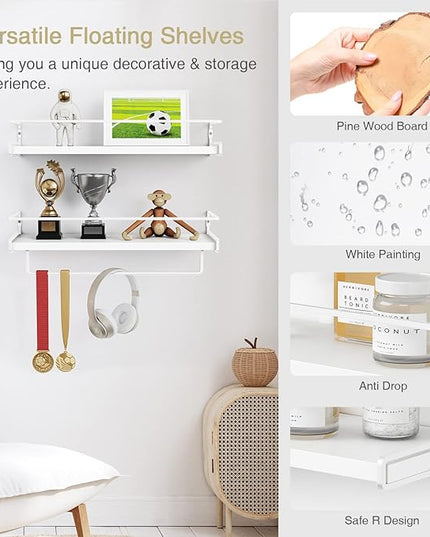 Forbena Bathroom Shelves for Wall Set of 2, White Nursery Floating Book Shelves for Kids Room, Small Wall Mount Bookshelf and Toy Storage Organizer for Baby Toddlers Teens Boys Girls Bedroom