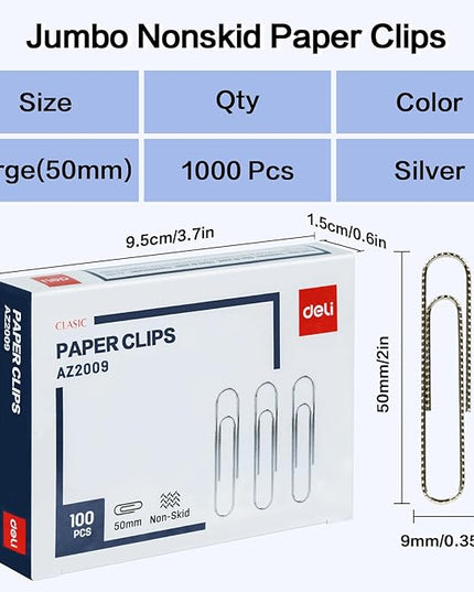 Deli Jumbo Paper Clips Nonskid, 1000 Large Paper Clips, 10 Boxes of 100 Each, Silver