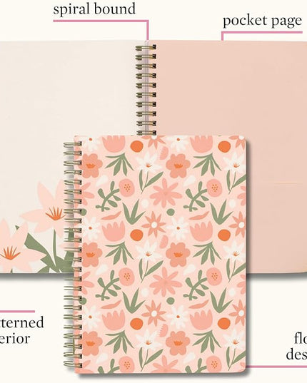 Steel Mill & Co Cute Mini Spiral Notebook, 8.25" x 6.25" Journal with Durable Hardcover and 160 Lined Pages, Star Floral, Blush