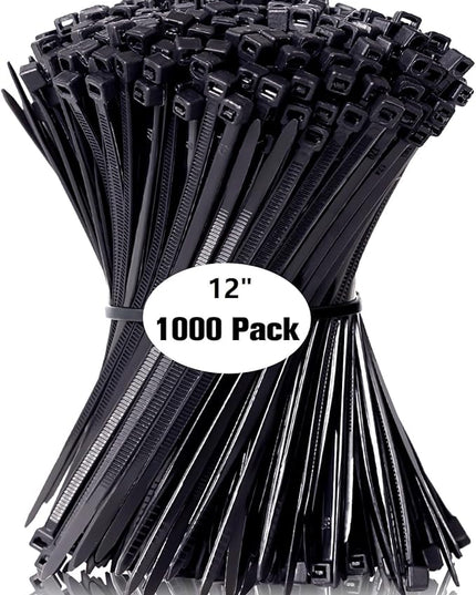 Zip Ties 12 inch, 1000 Pack Black Zip Ties, Self-Locking Nylon Cable Ties with 50 lb Tensile Strength,Wire Ties for indoor and outdoor use.