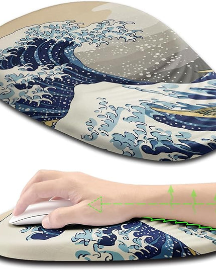 Ergonomic Mouse Pad Wrist Rest, Japanese Sea Wave Mouse Pad with Wrist Support, Memory Foam Massage Design & Non-Slip PU Base MousePads for Pain Relief, Desk, Office, Home, Kanagawa Wave