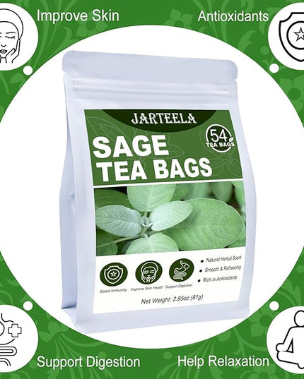 Jarteela - Sage Tea Bag, 1.5g x 54 Count - Natural Sage Leaf Salvia Officinalis Tea Bag - Non-GMO - Caffeine-free Herbal Tea -Support Digestion & Healthy Skin