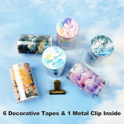 AuriicLeaf Sky Series PET Tape Sticker Set 6 Rolls Featuring Thunderstorm Starry Night Sunset and Foggy Cloud Designs for Scrapbooking Journaling Planner Decoration and DIY Craft