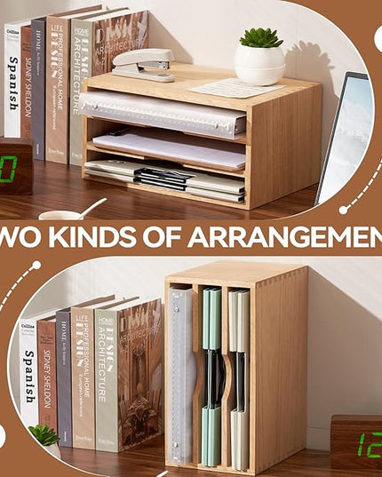 KIRIGEN Wooden Desktop Organizer Paper Storage Letter Tray File Sorter - Desk Rack Magazine File Dividers Holders for Home Office Accessories Wood Desk Cabinet with 3 Layer Trays Natural(3KWJG-NA)