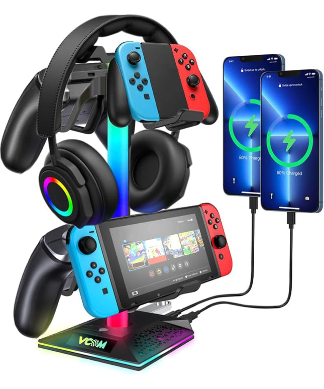 VCOM RGB Gaming Headphones Stand with 2 USB and 1 Type-C Ports, Headset Stand with 10 Light Modes and Non-Slip Rubber,Suitable for All Earphone Accessories, Best Gift for Desk Gamers