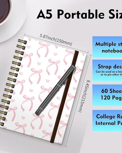 Cute Spiral Journal Notebook,A5 Hardcover Lined Journals for Women Girl 6 x 8.3 in,120 Pages Thick Paper,Cute College Ruled Writing Notebook for Gifts Office Work School (Pink Bow tie)