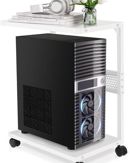 Liitrton PC Tower Stand 2-Tier CPU Stand with Locking Caster Wheels for Office & Home - Iron-White