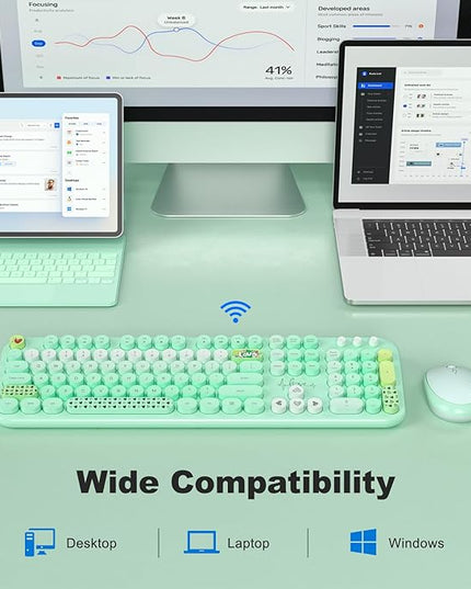 MOFII Wireless Keyboard and Mouse Combo, Full Size 2.4G Plug and Play Typewriter Retro Round Computer Keyboard and Mouse Set for Windows, Computer, Desktop, PC, Notebook - (Green Colorful)