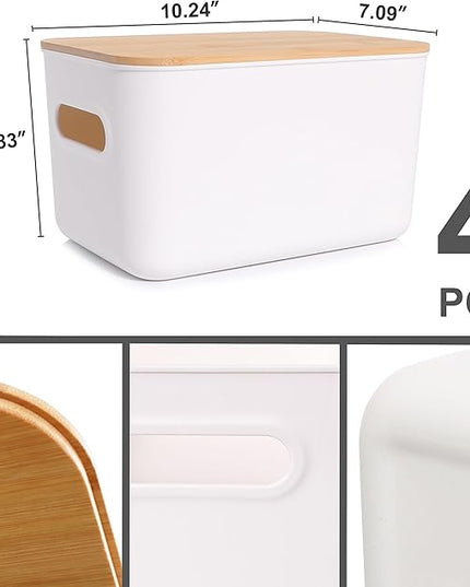 Citylife 4 PCS Storage Bins with Bamboo Lids Plastic Storage Containers for Organizing Stackable Storage Box with Handle, 10.23 x 7.08 x 6.3 inch