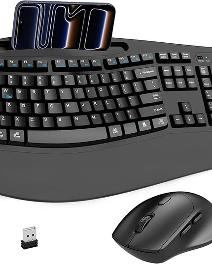 Wireless Keyboard and Mouse Combo, 2.4G Full Size Wave Keys Ergonomic Keyboard with Wrist Rest, Phone Holder, 3-Level DPI Wireless Silent Mouse with 6-Buttons, for Windows, Mac OS, Laptop, PC (Black)