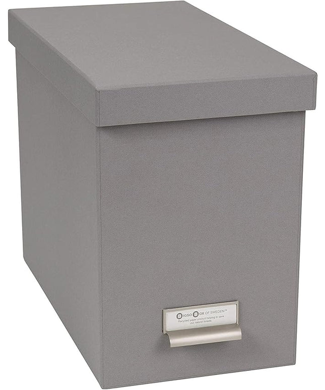 Bigso John Fiberboard Label Frame Desktop File Storage Box - Document Organizer for Important Paperwork - Durable Hanging File Box with a Lid & Metal Label Window - 7.36 x 13.38 x 10.51 in - Grey