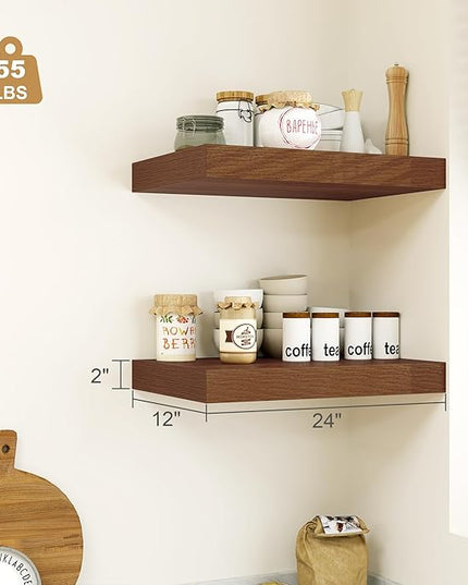 Heimlove 12" Deep Floating Shelves for Wall, 24 Inch Shelf Bathroom Shelves Set of 1, Mounted Shelves for Books Living Room Laundry Room Bedroom Kitchen Home Office, Walnut