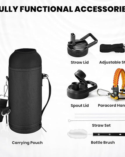 Insulated Water Bottle 40 oz, Triple Wall Vacuum Stainless Steel (Cold for 48 Hrs), Leak Proof & Non-BPA, Modern Water Flask Jug with Paracord Handle & Straw Spout Lids, Ombre Orange