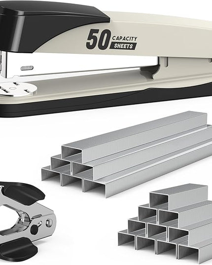 Metal Stapler Heavy Duty 50 Sheet Capacity with 1750 Staples and Staple Remover, Full Strip Staplers for Desk, No Jam, Non-Slip for Office & Classroom, White