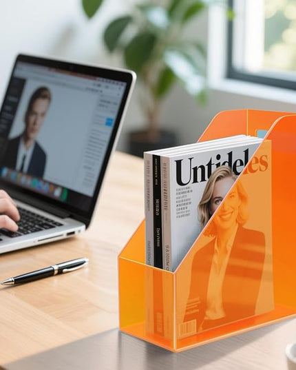Acrylic Magazine Rack Desk File Holder Organizer for Office Desktop Vertical Magazine Storage Box, 12 x 10 x 5'', Neon Orange