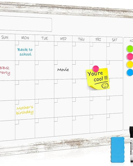Monthly Dry Erase Calendar Whiteboard for Wall, 36" x 24" Magnetic White Board Calendar Board - Rustic Vintage Wooden Frame