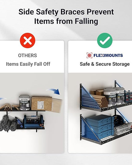 FLEXIMOUNTS 2-Pack 2x4ft Garage Wall Shelving with 4 Hooks - Heavy Duty Garage Storage System, 660 lbs Load Capacity with Brace Guardrail, Wall Mounted Organization for Bikes, Tools, Bins, Pro Series