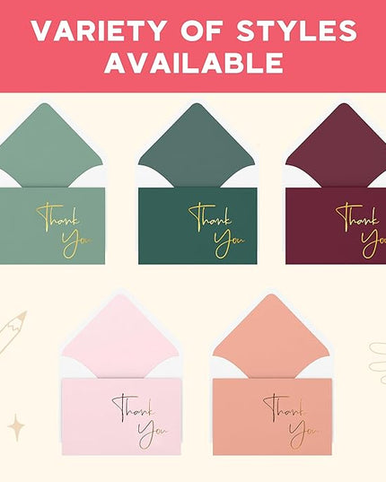 VNS Creations Gold Foil Thank You Cards With Envelopes Bulk Set & Stickers - 100 Pack 4x6 Blank Thank You Notes - Large Note Card Small Business, Wedding, Baby Shower & Bridal Shower - Granite Green